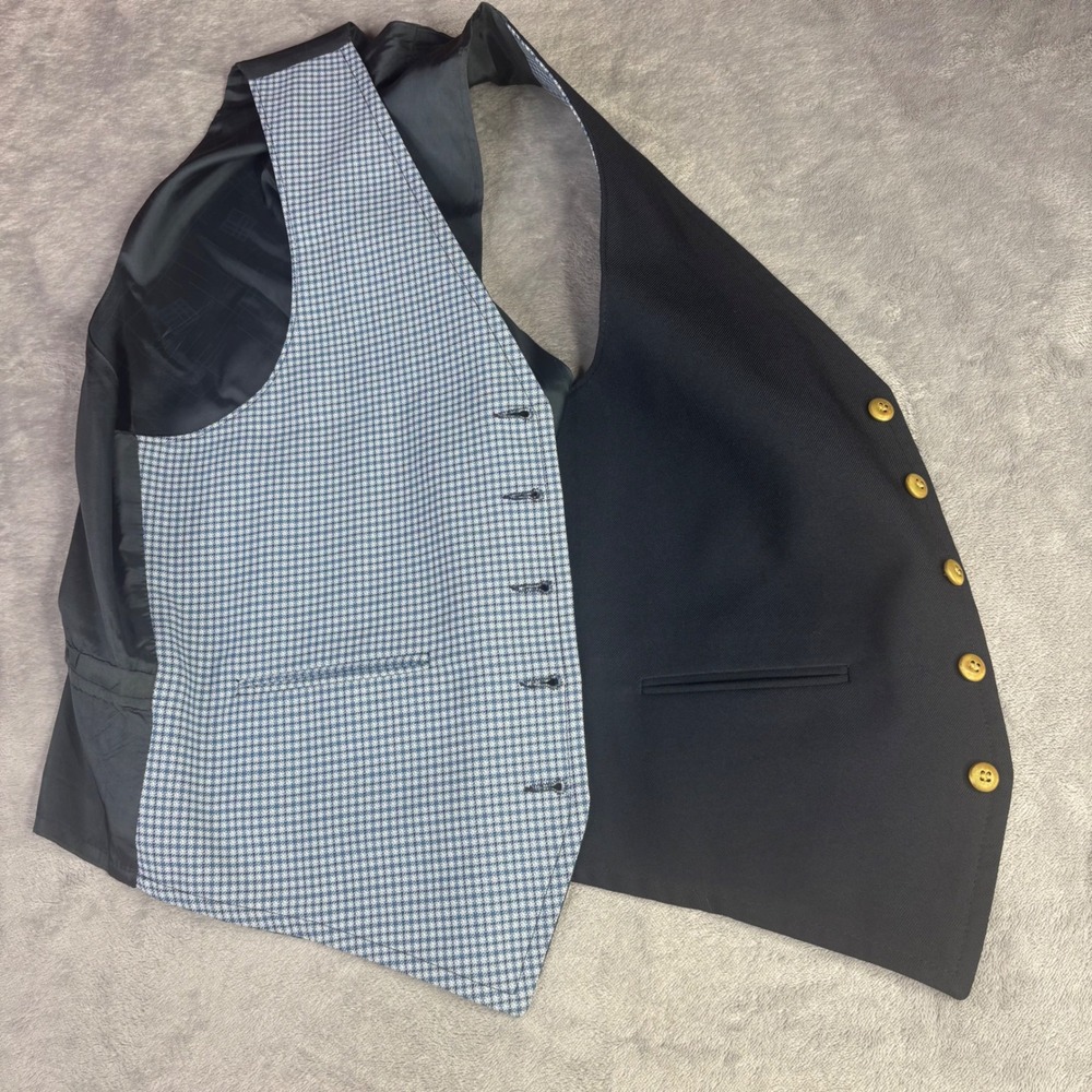 Reversible Vest Mens L Blue Houndstooth navy blue Solid Waistcoat Formal
